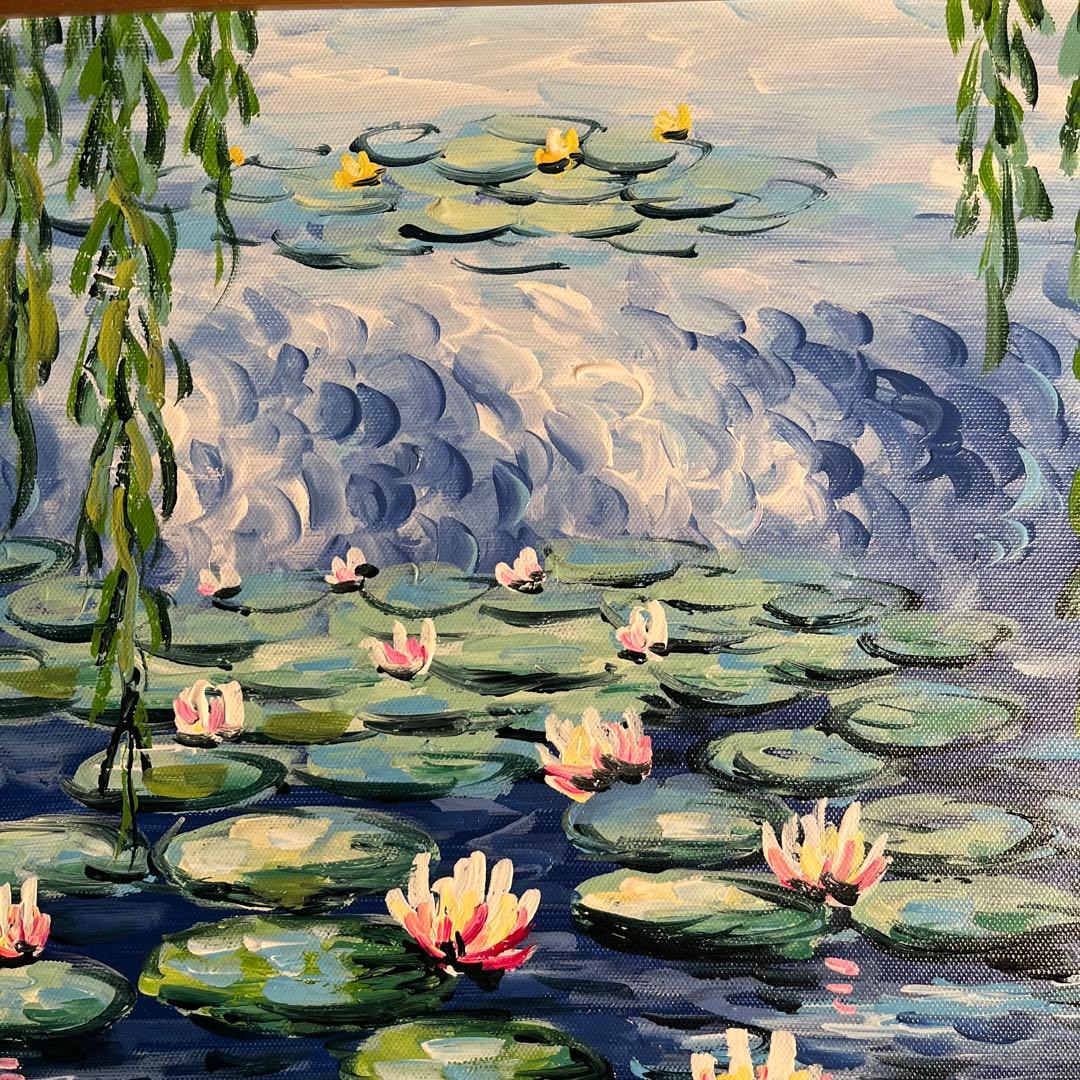 手書き油絵 クロード・モネ 柳睡蓮 額付 肉筆絵画 インテリア 油彩画