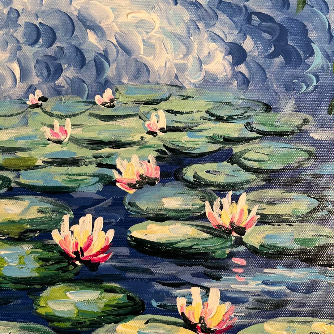 手書き油絵 クロード・モネ 柳睡蓮 額付 肉筆絵画 インテリア 油彩画