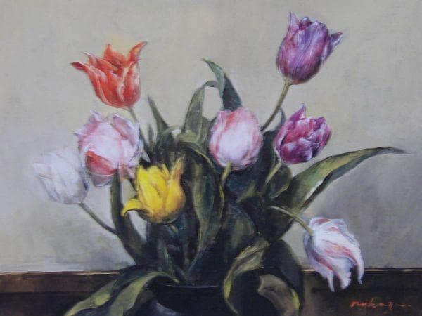 額賀加津己、『チューリップ』、希少画集より、状態良好、新品木製額