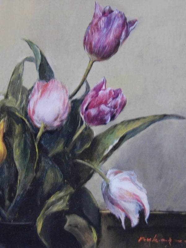 額賀加津己、『チューリップ』、希少画集より、状態良好、新品木製額