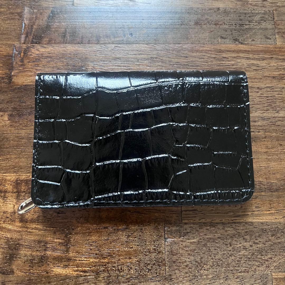 牛革 トラッカーウォレット ミドル 黒 クロコ型押し シルバー 銀