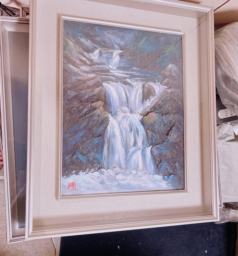 日本絵画　風景画　滝　水　ガラス額縁付き　壁掛け