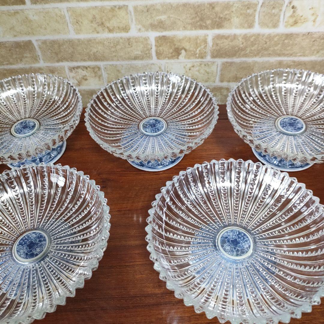 美濃焼 三洋陶器 龍峰窯 祥瑞 ガラスデザート皿 コンポート皿 高台 5個セット