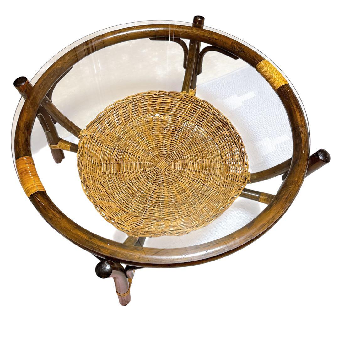 ラタン　ガラス　センターテーブル　リビング　70cm アジアンテイスト　丸