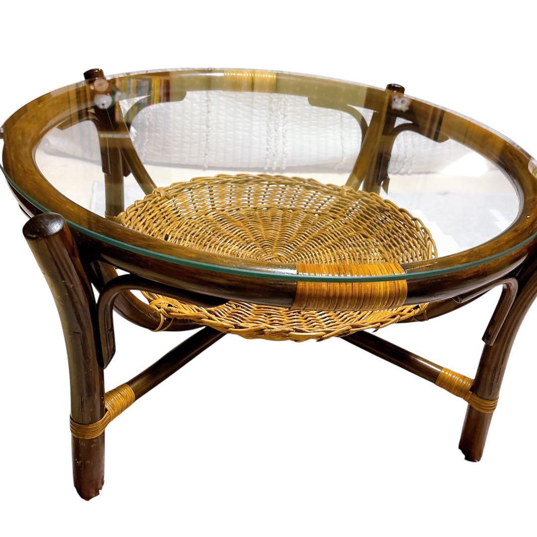 ラタン　ガラス　センターテーブル　リビング　70cm アジアンテイスト　丸