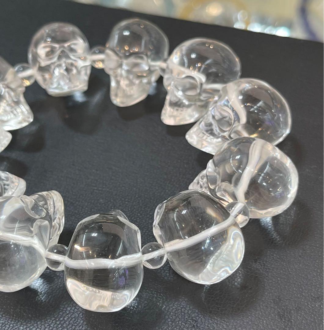 天然水晶スカルブレスレット　水晶髑髏ブレスレット　レア　水晶ドクロブレス