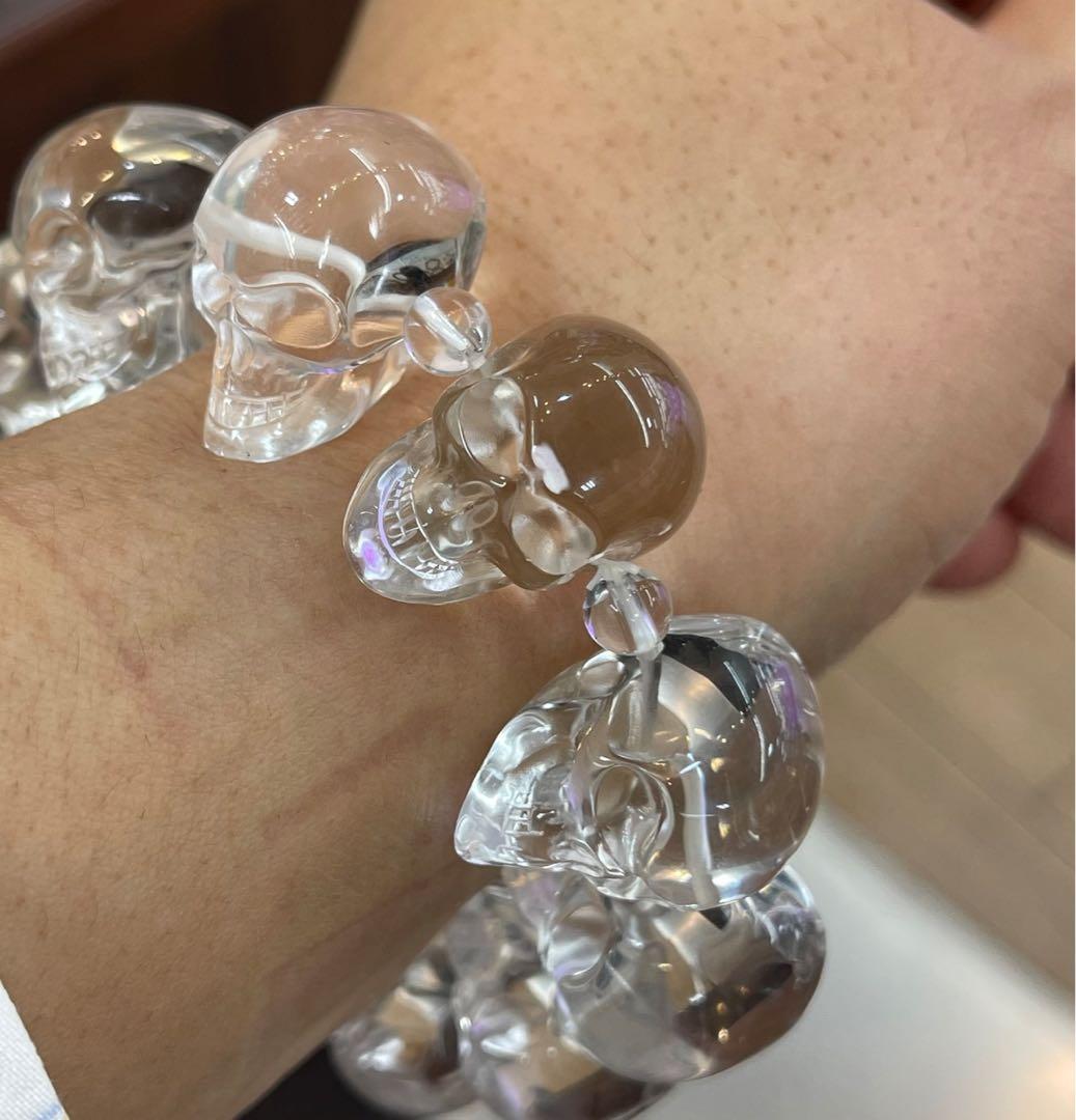 天然水晶スカルブレスレット　水晶髑髏ブレスレット　レア　水晶ドクロブレス