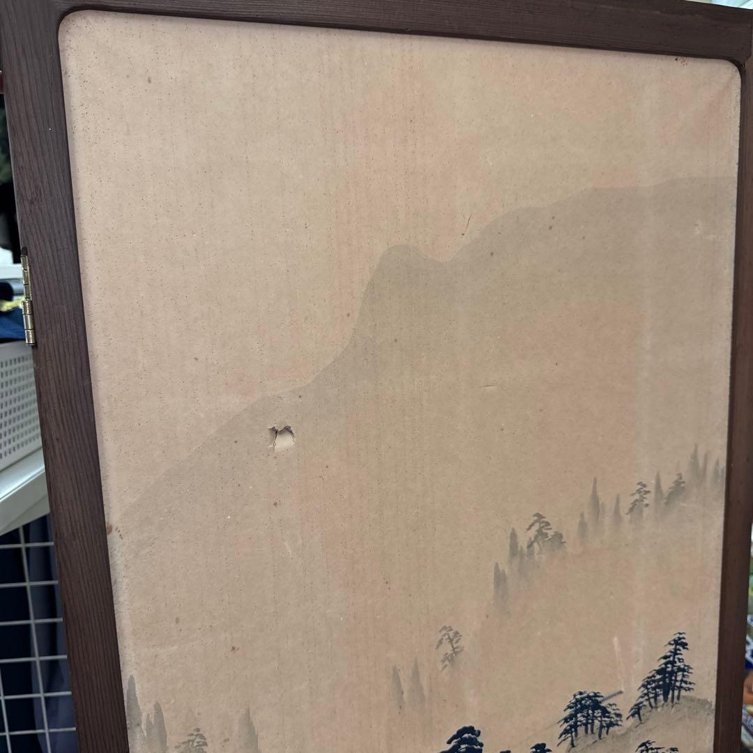 山水画風 山水屏風　墨絵　水墨画　山水画　屏風　アンティーク　当時物　レトロ