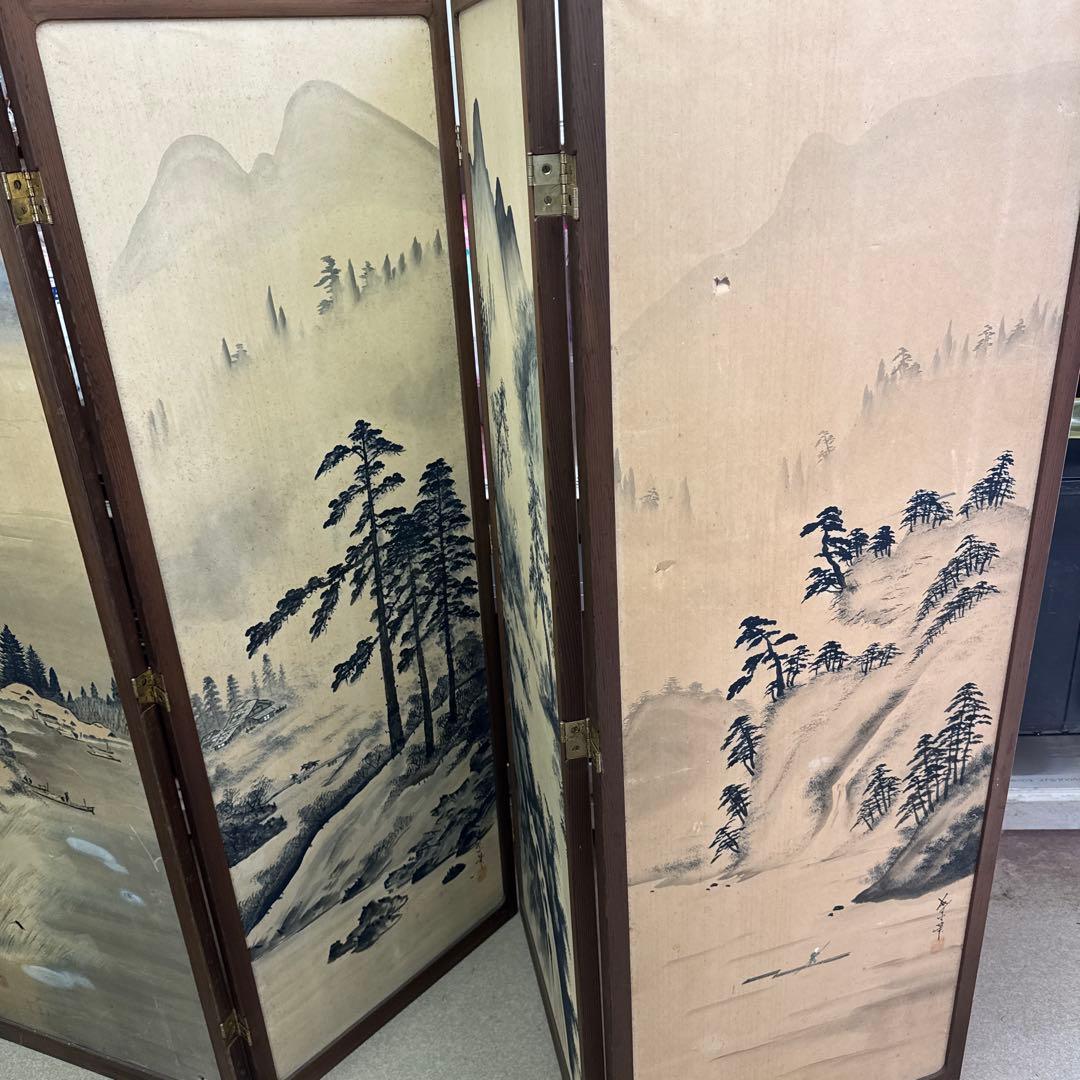 山水画風 山水屏風　墨絵　水墨画　山水画　屏風　アンティーク　当時物　レトロ