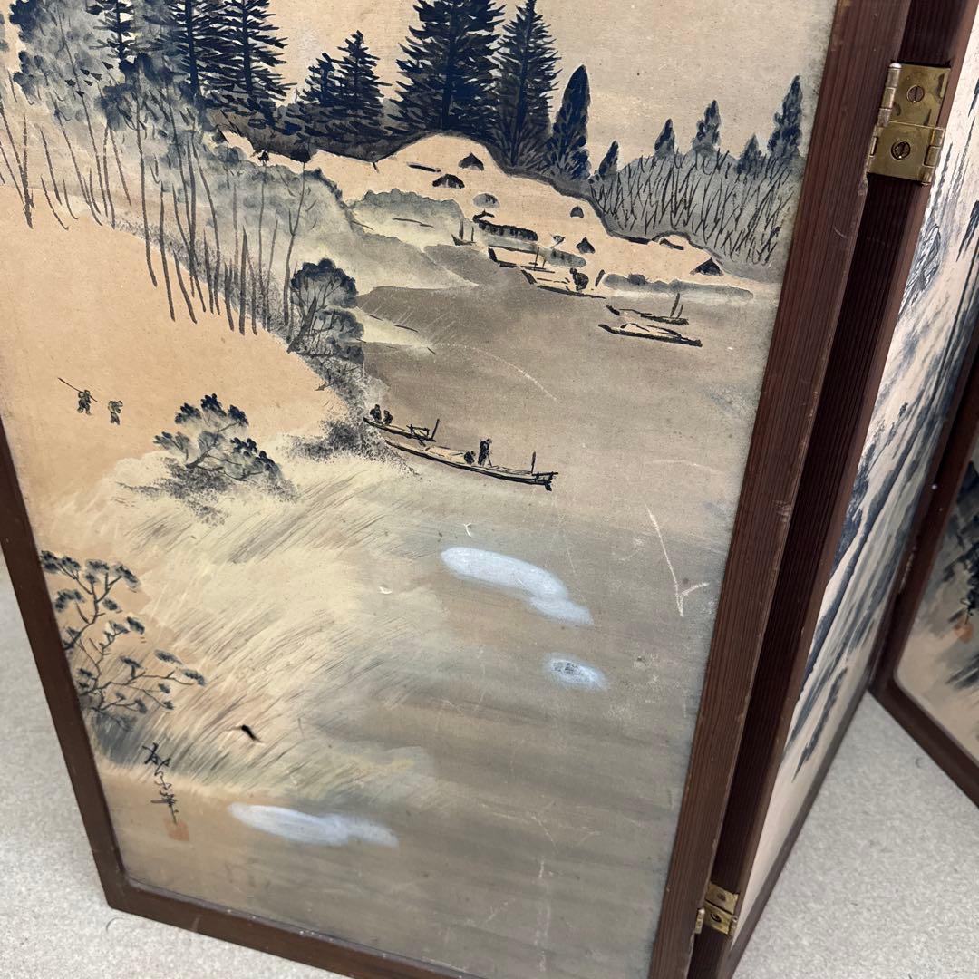 山水画風 山水屏風　墨絵　水墨画　山水画　屏風　アンティーク　当時物　レトロ