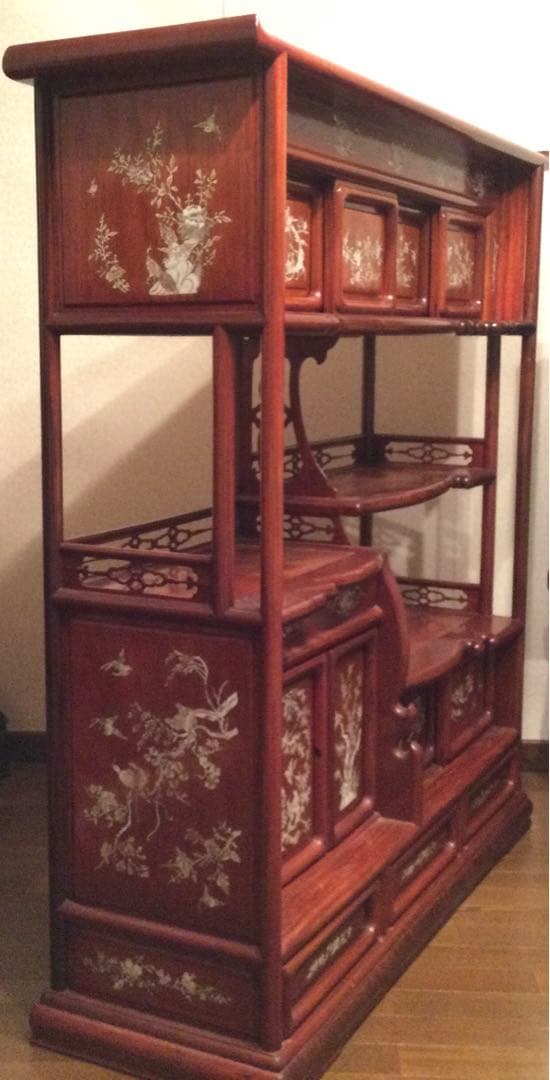螺鈿細工 茶箪笥 昭和レトロ シェルフ 茶棚 貝 手作り 古道具