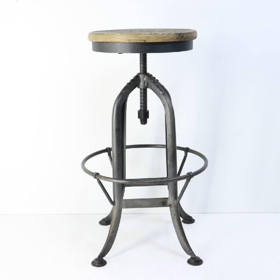 インダストリアル 昇降式 古木シート ハイスツール アイアン脚 足置きあり 2