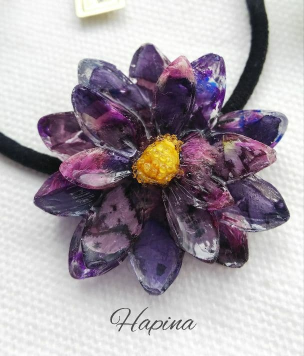 パープルミックスフラワーレジンヘアゴム ポニーフック変更可能。