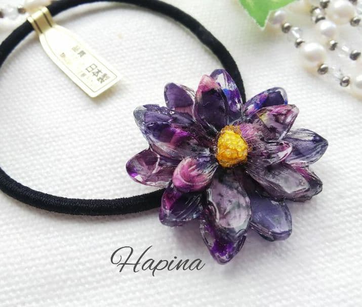 パープルミックスフラワーレジンヘアゴム ポニーフック変更可能。
