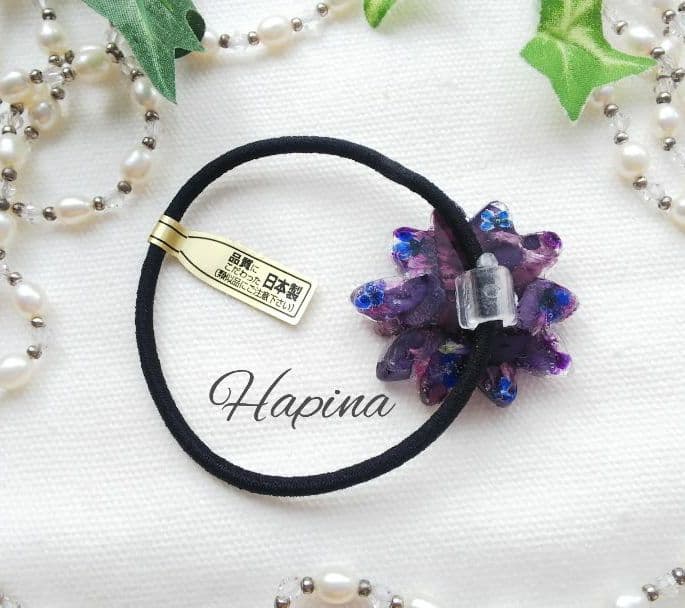 パープルミックスフラワーレジンヘアゴム ポニーフック変更可能。