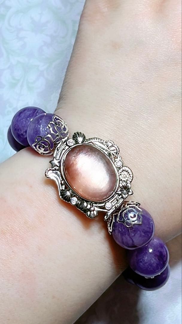 パープルマイカ×フェザー アメジスト 天然石 ブレスレット 14mm後半 マイカ