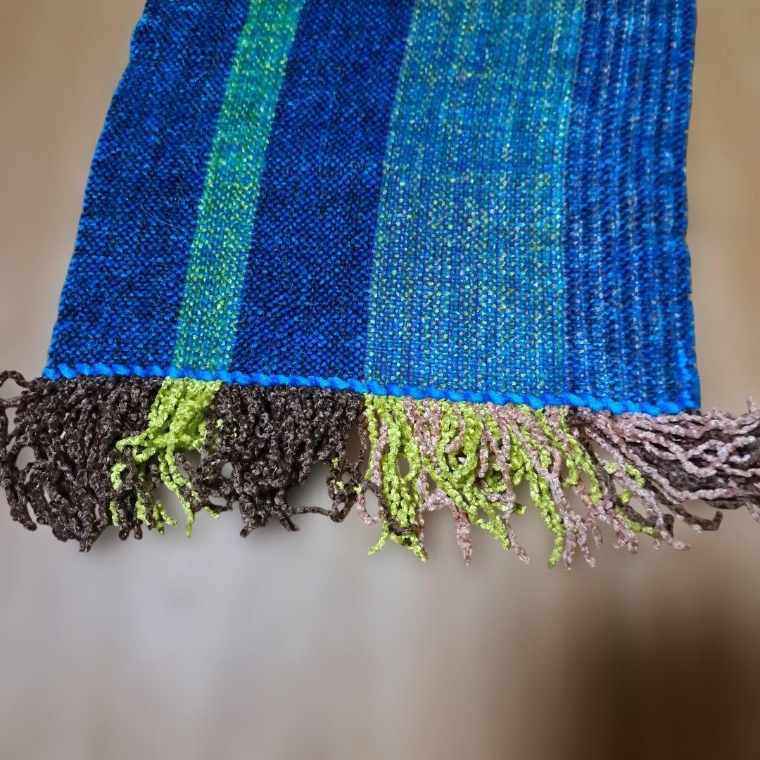 青と緑のストライプ 織物マフラー