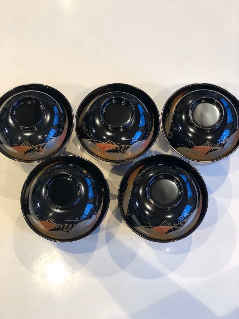 【訳あり】木製漆塗　千鳥型　波にススキ磨き蒔絵　むさし野　黒　５客組