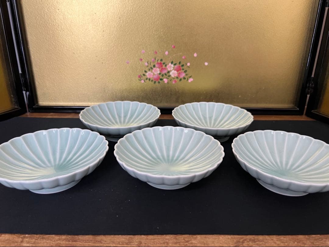 深川製磁 青磁　菊割　小付揃 和皿揃　5枚セット