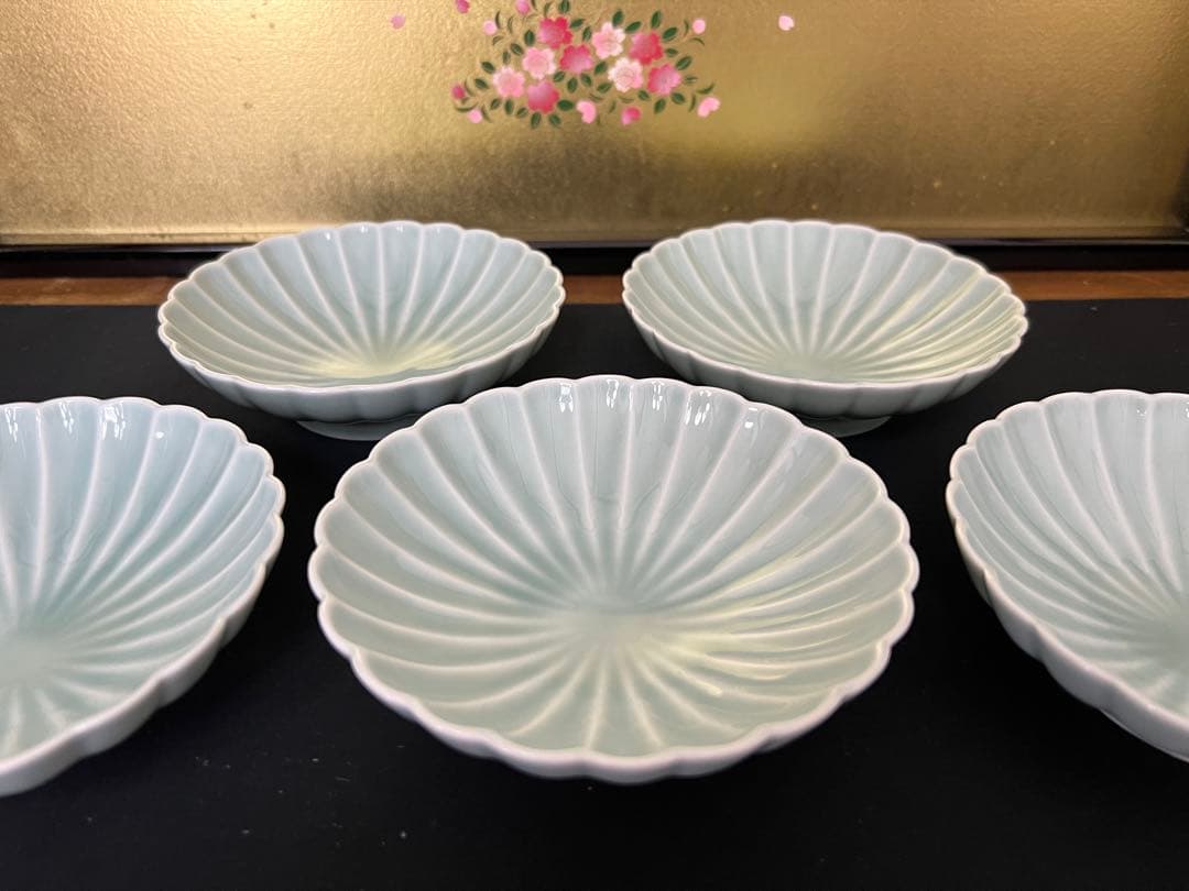 深川製磁 青磁　菊割　小付揃 和皿揃　5枚セット
