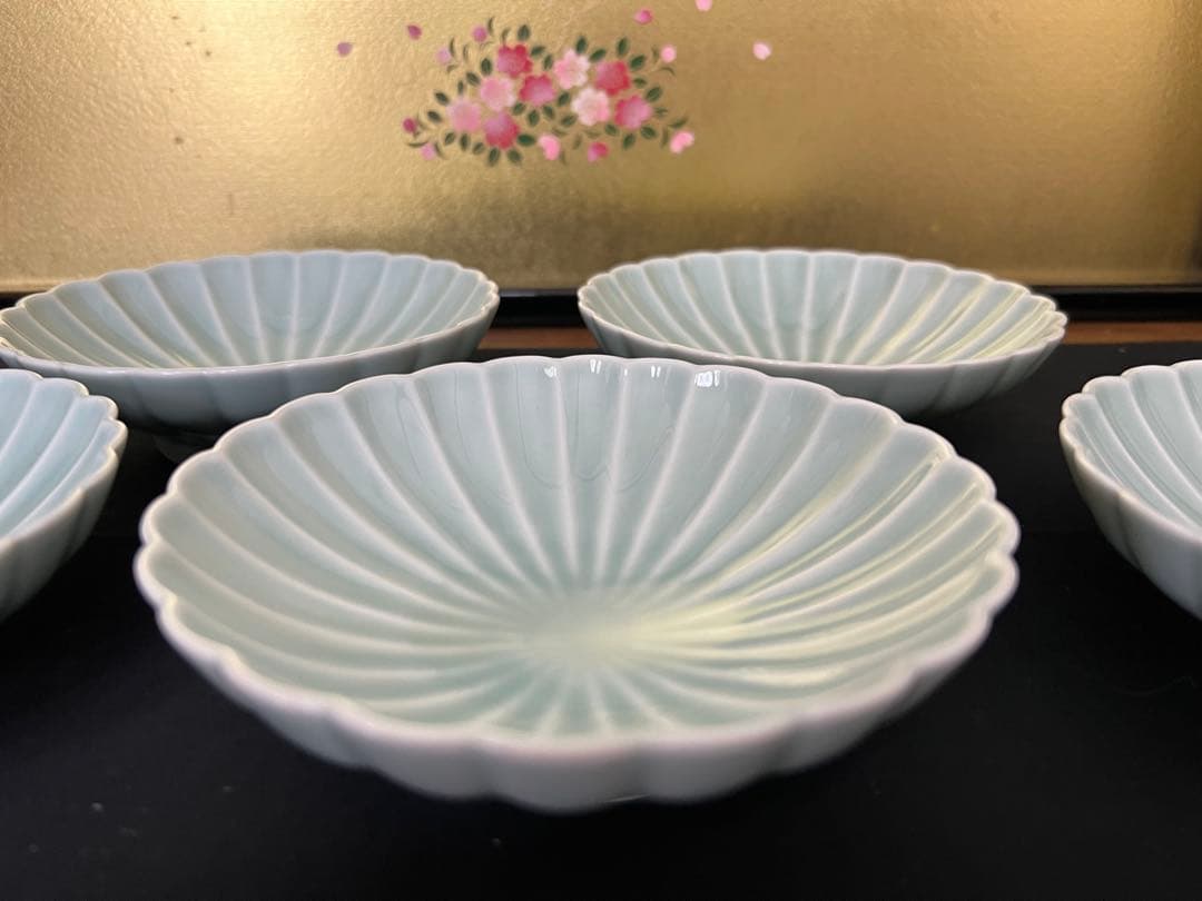 深川製磁 青磁　菊割　小付揃 和皿揃　5枚セット