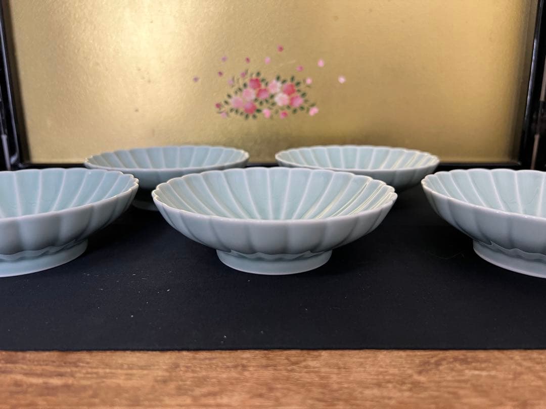 深川製磁 青磁　菊割　小付揃 和皿揃　5枚セット