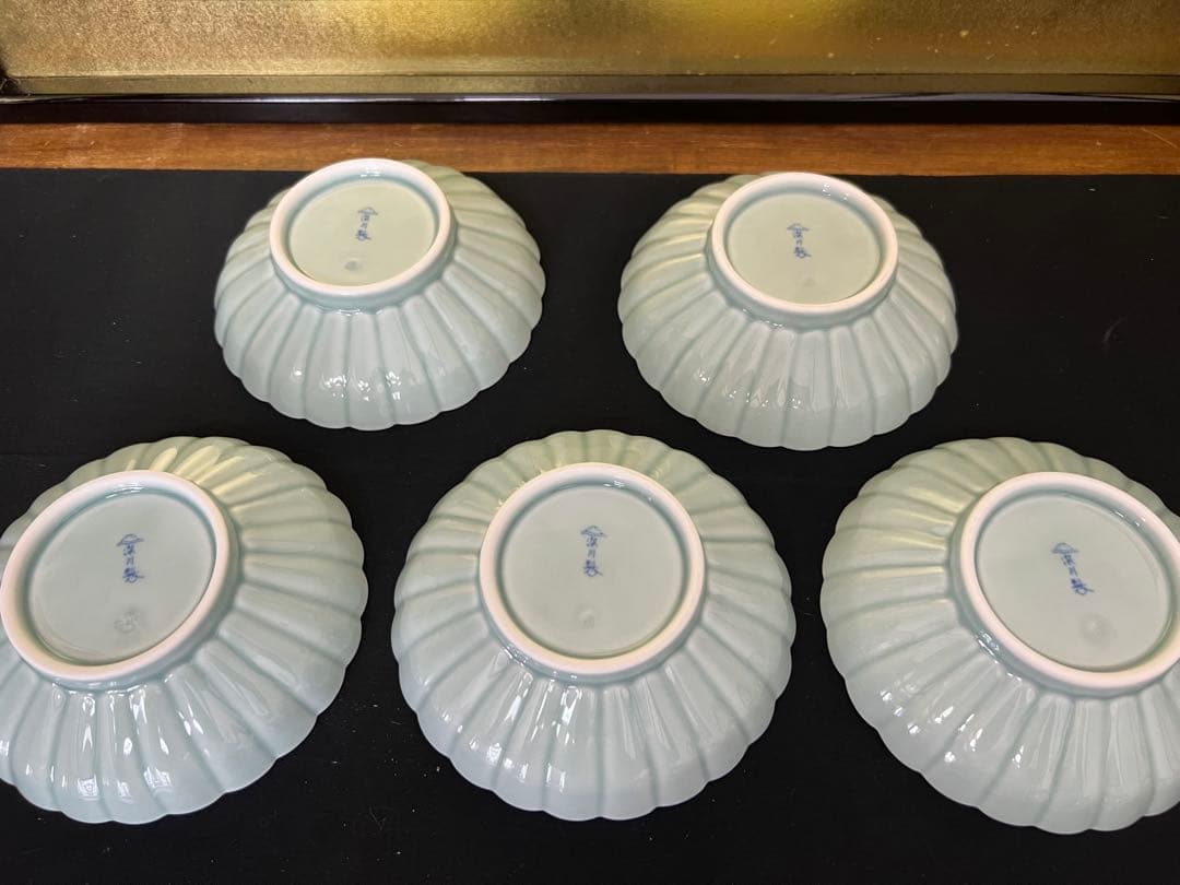 深川製磁 青磁　菊割　小付揃 和皿揃　5枚セット