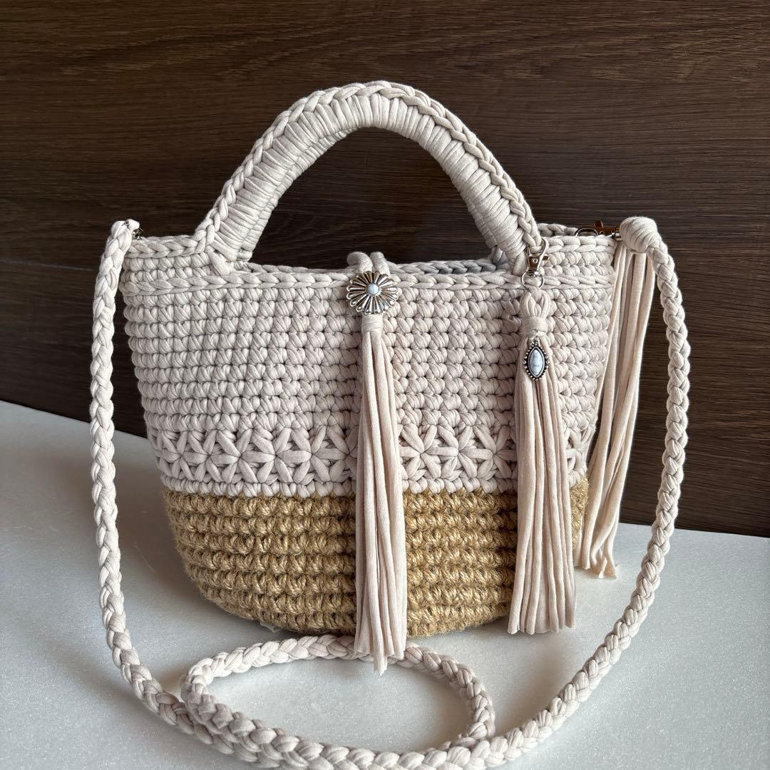 麻紐&ズパゲッティ(tシャツヤーン)♡マルシェバック♡花柄模様♡ショルダーバッグ