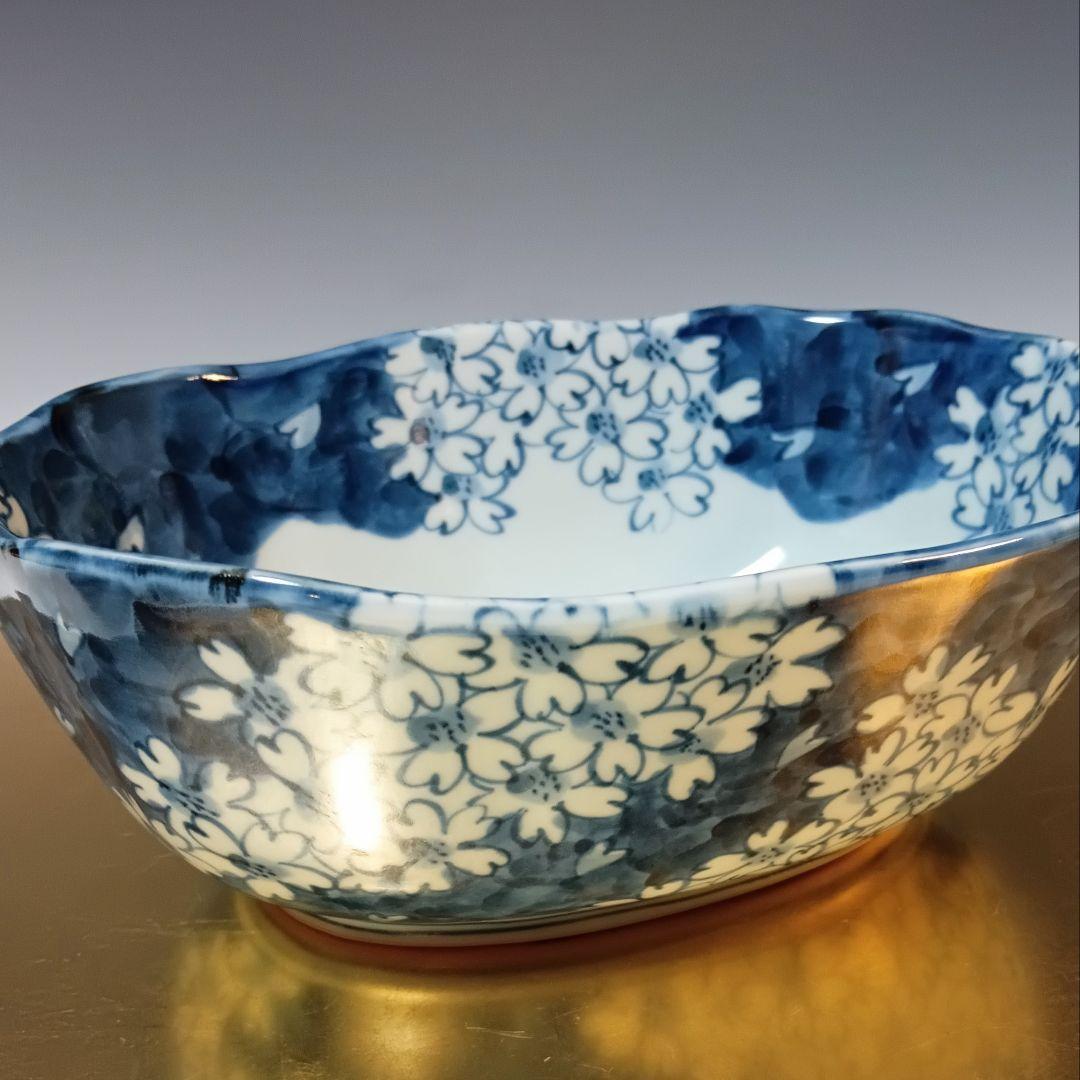 ☆113 有田焼 染付桜楕円大鉢