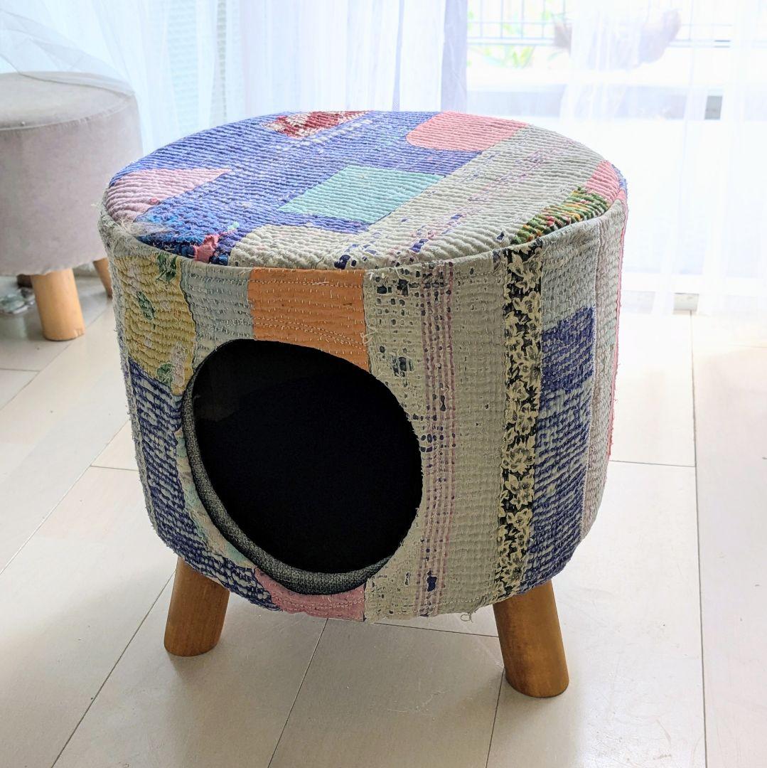 ヴィンテージラリーキルトのペットスツール　キャットハウス　ラウンドスツール