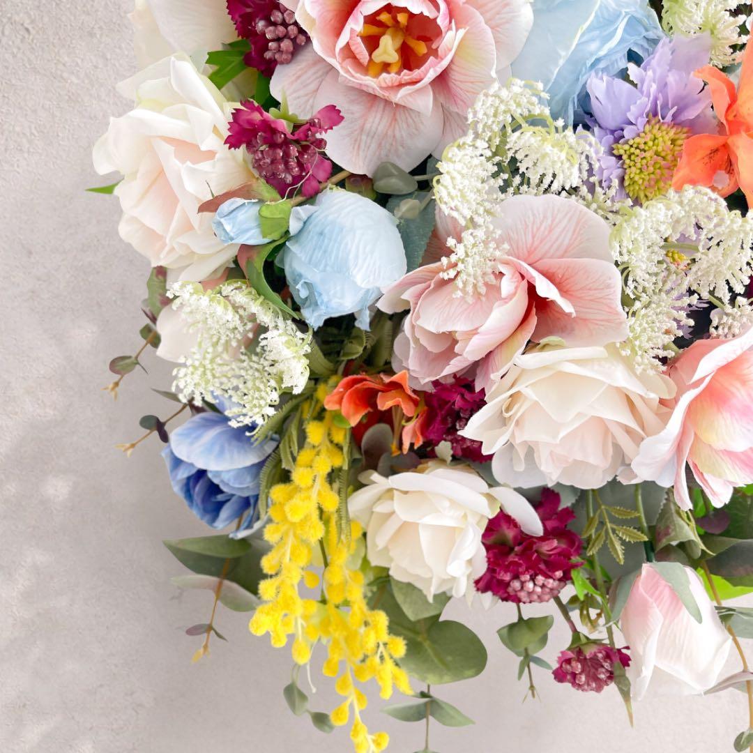 光触媒「蒼の祝福」特大スワッグ 67cm ブルーローズ 百合 ミモザ 豪華壁掛け