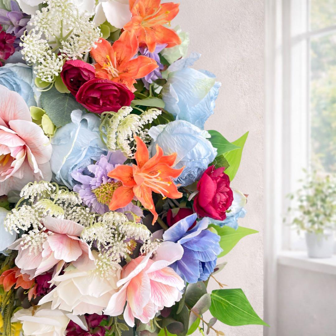 光触媒「蒼の祝福」特大スワッグ 67cm ブルーローズ 百合 ミモザ 豪華壁掛け