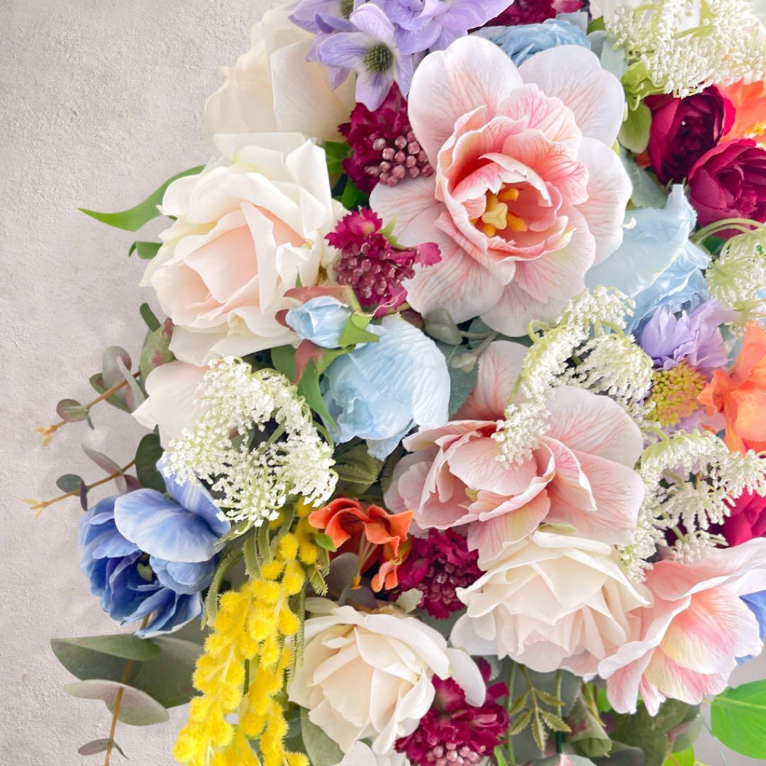 光触媒「蒼の祝福」特大スワッグ 67cm ブルーローズ 百合 ミモザ 豪華壁掛け