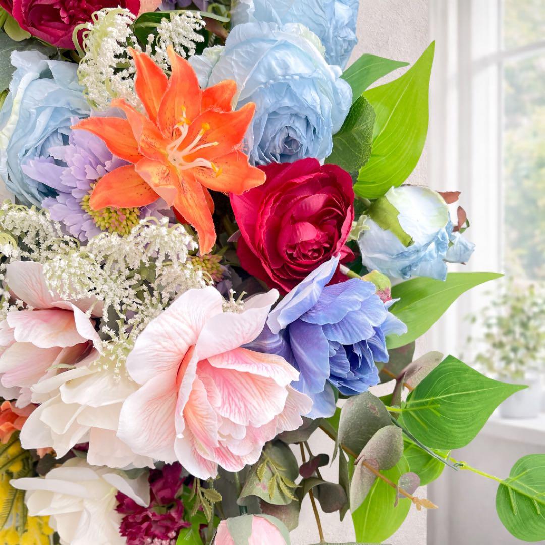 光触媒「蒼の祝福」特大スワッグ 67cm ブルーローズ 百合 ミモザ 豪華壁掛け