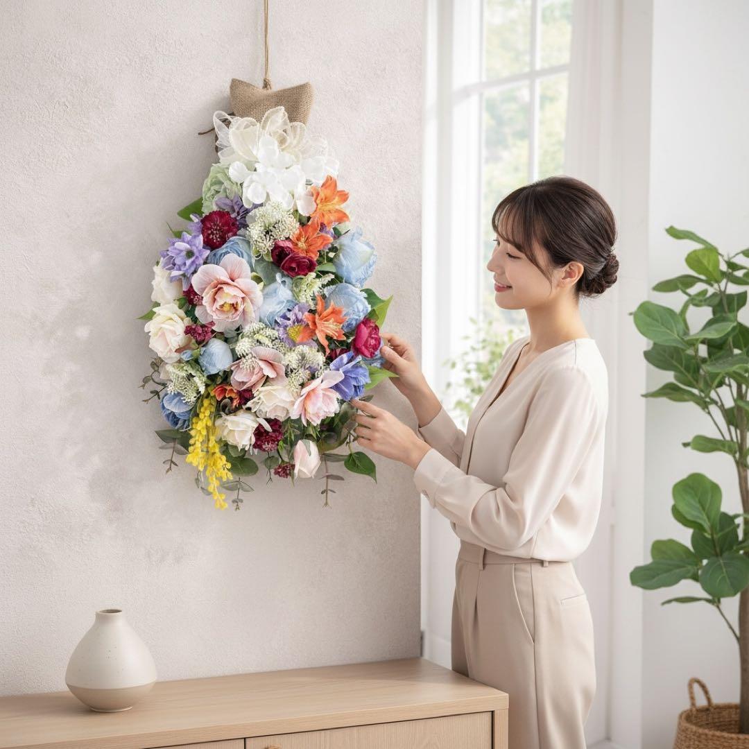 光触媒「蒼の祝福」特大スワッグ 67cm ブルーローズ 百合 ミモザ 豪華壁掛け