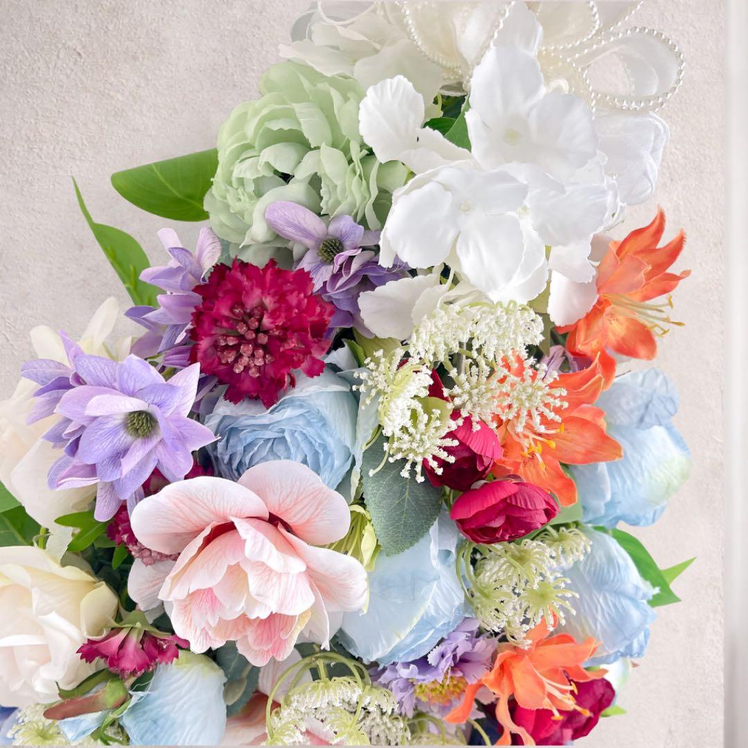 光触媒「蒼の祝福」特大スワッグ 67cm ブルーローズ 百合 ミモザ 豪華壁掛け