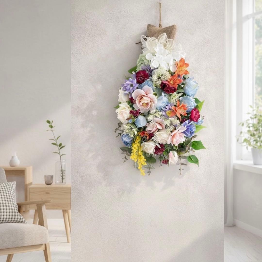 光触媒「蒼の祝福」特大スワッグ 67cm ブルーローズ 百合 ミモザ 豪華壁掛け