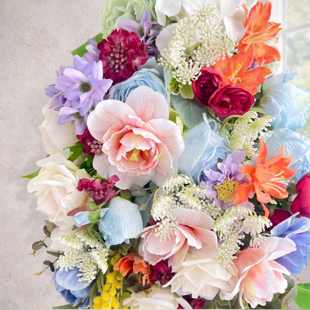 光触媒「蒼の祝福」特大スワッグ 67cm ブルーローズ 百合 ミモザ 豪華壁掛け