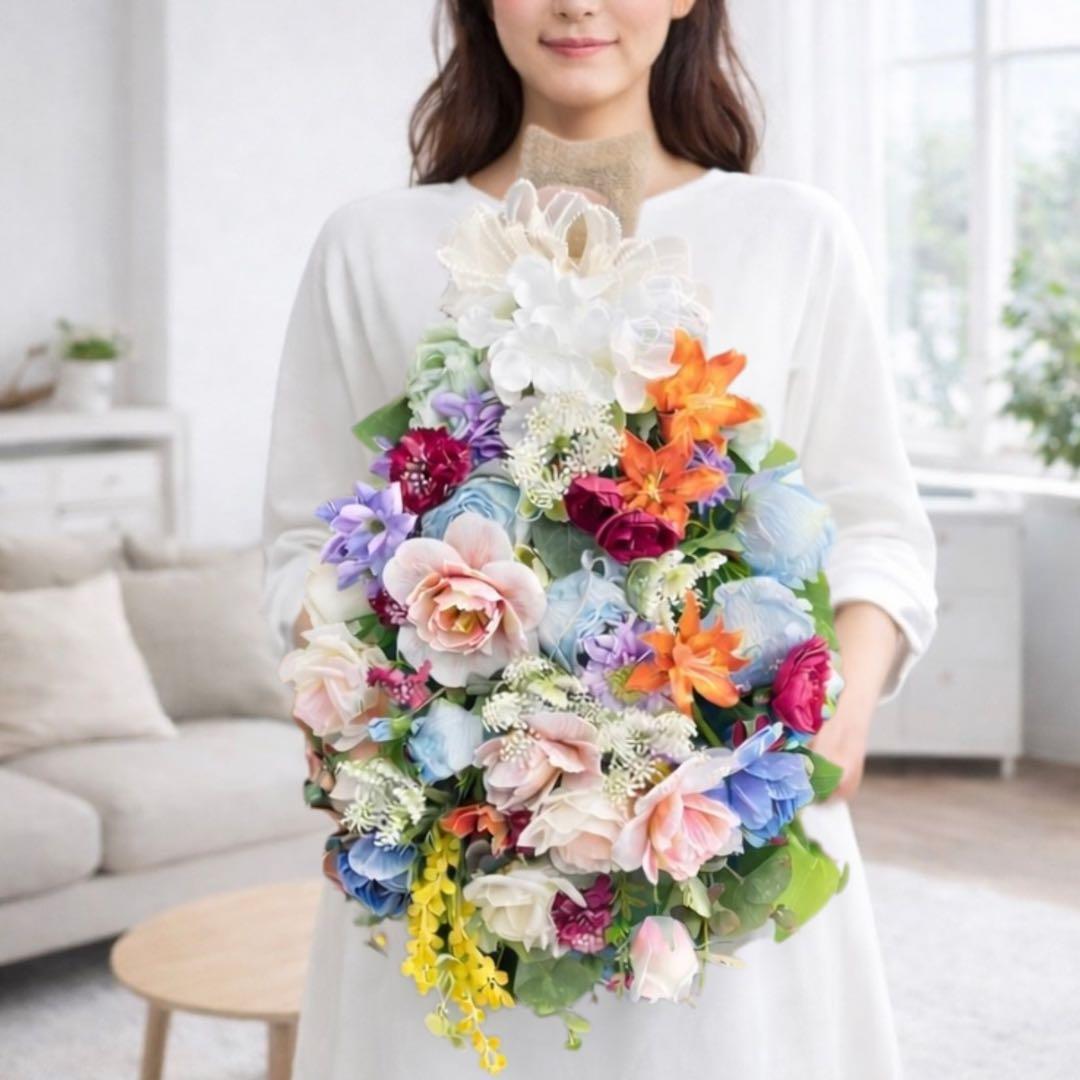 光触媒「蒼の祝福」特大スワッグ 67cm ブルーローズ 百合 ミモザ 豪華壁掛け