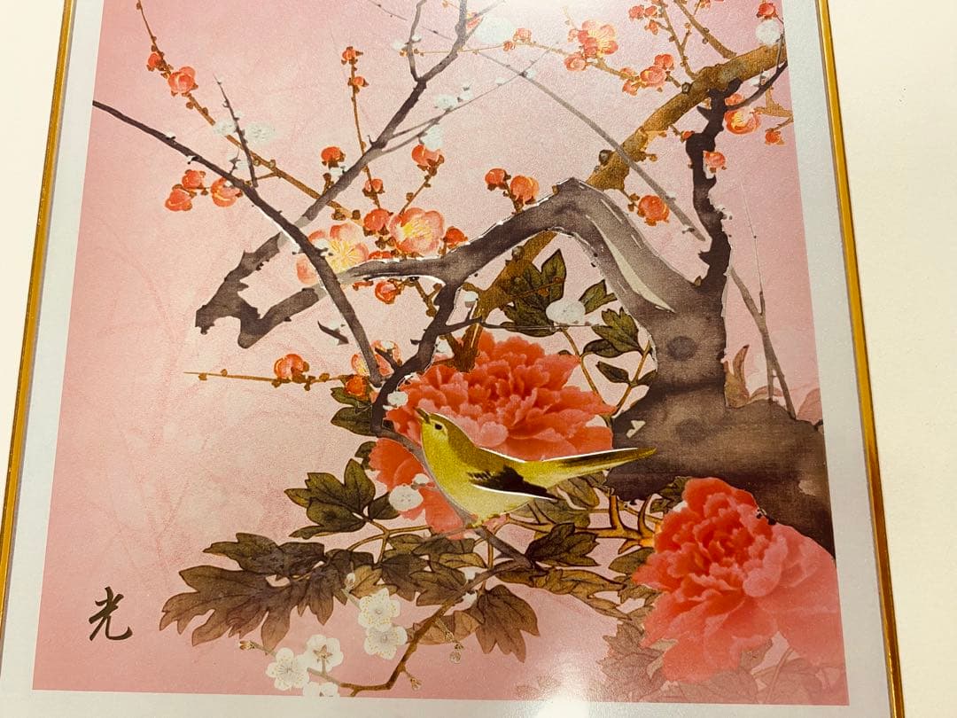 絵　個人収藏品 桜に三光鳥 梅に鶯 2枚セット 30cmx30cm