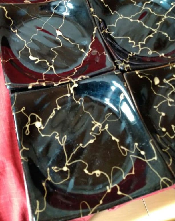 ⬛コバルトブルー青御影風 蓋付小鉢皿⬛黒御影風【金彩】雷柄四角ウェーブヒ平皿2組