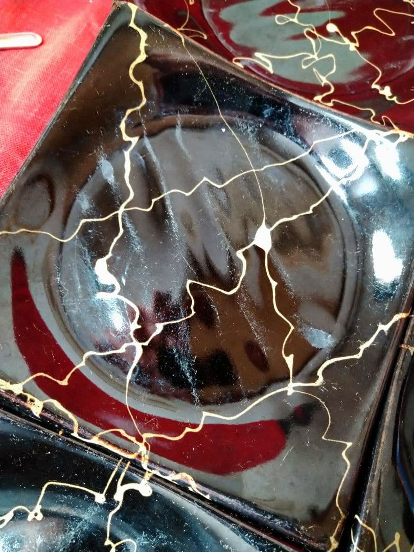 ⬛コバルトブルー青御影風 蓋付小鉢皿⬛黒御影風【金彩】雷柄四角ウェーブヒ平皿2組