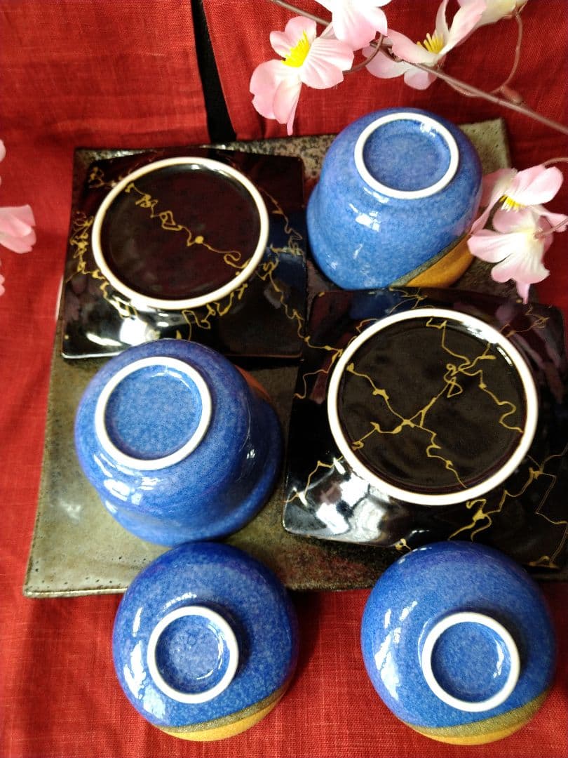 ⬛コバルトブルー青御影風 蓋付小鉢皿⬛黒御影風【金彩】雷柄四角ウェーブヒ平皿2組