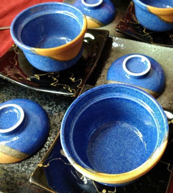 ⬛コバルトブルー青御影風 蓋付小鉢皿⬛黒御影風【金彩】雷柄四角ウェーブヒ平皿2組