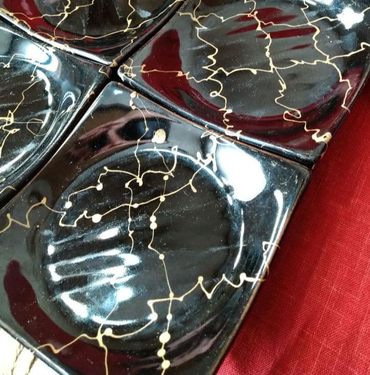 ⬛コバルトブルー青御影風 蓋付小鉢皿⬛黒御影風【金彩】雷柄四角ウェーブヒ平皿2組