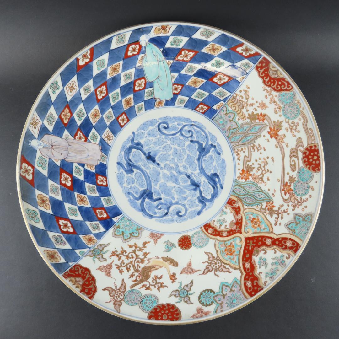 ⭕252 美品 古伊万里 錦手 市松紋竜田川文様 大皿 無傷 46cm 江戸時代