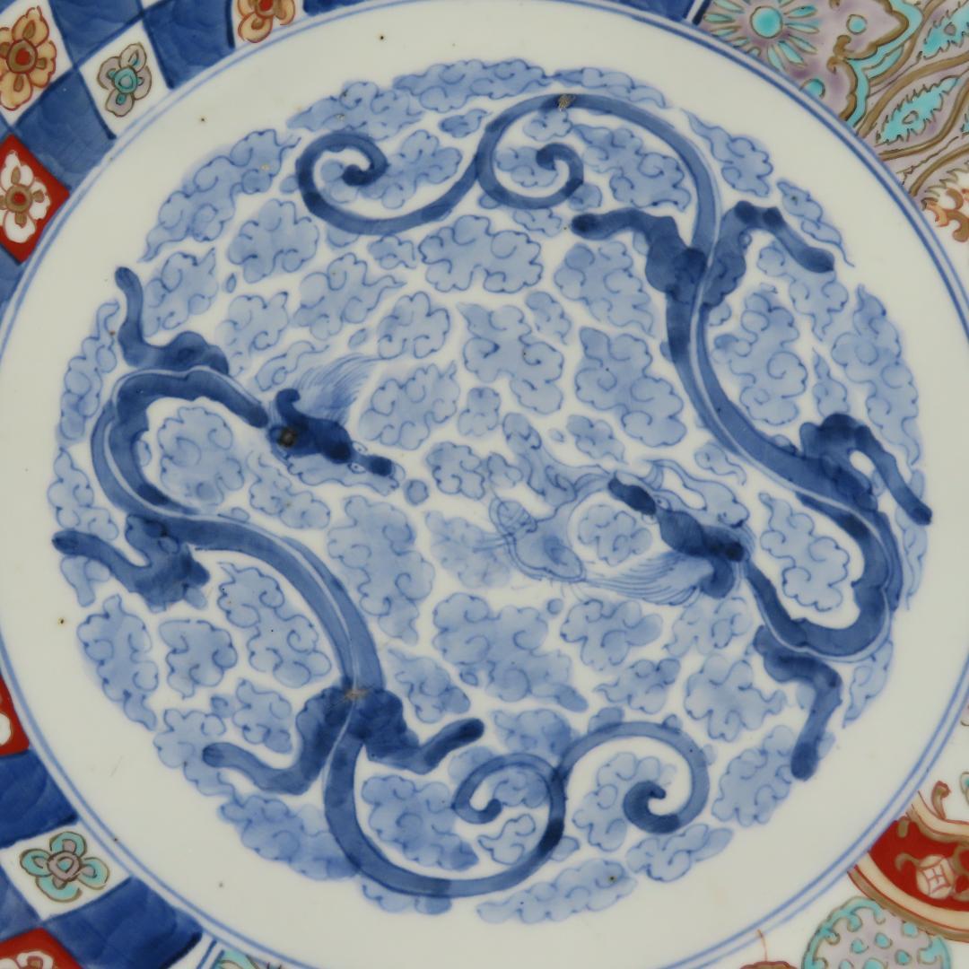 ⭕252 美品 古伊万里 錦手 市松紋竜田川文様 大皿 無傷 46cm 江戸時代