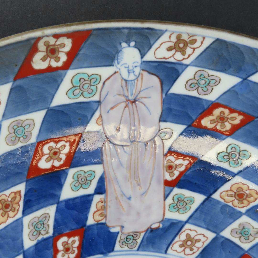 ⭕252 美品 古伊万里 錦手 市松紋竜田川文様 大皿 無傷 46cm 江戸時代