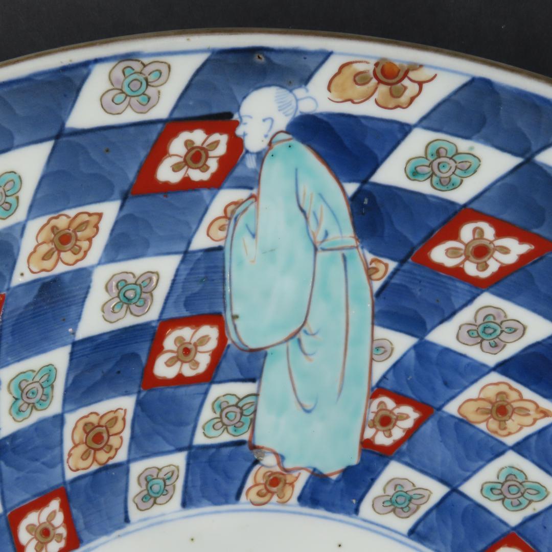 ⭕252 美品 古伊万里 錦手 市松紋竜田川文様 大皿 無傷 46cm 江戸時代