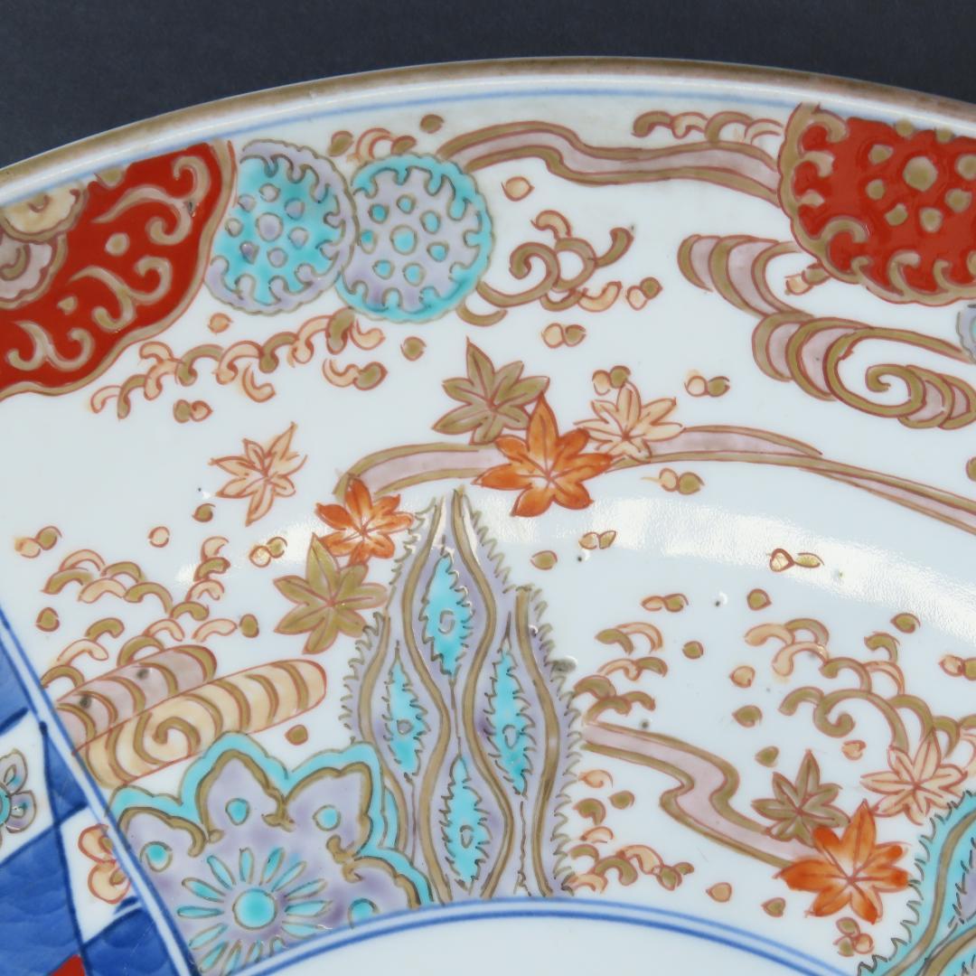 ⭕252 美品 古伊万里 錦手 市松紋竜田川文様 大皿 無傷 46cm 江戸時代